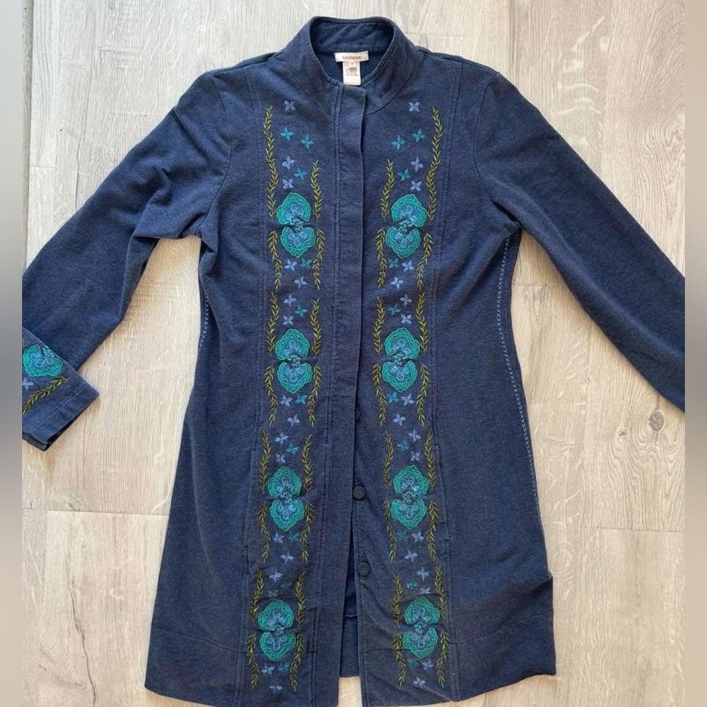 Sundance Embroidered Freya Jacket M Blue Boho Button-Front Coatigan Shacket